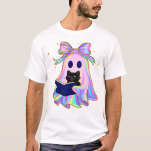 Iridiserende spook met een boek en een zwarte kat t-shirt