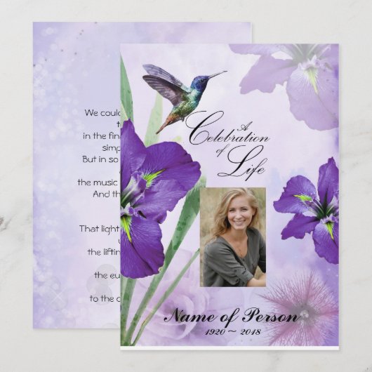 Iris and Hummingbird Celebration of Life Funeral Kaart (Voorkant / Achterkant)