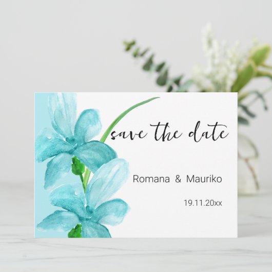 Iris Blau Waterverf Handgeschilderd Save The Date (Staand voorkant)