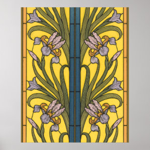 Iris Bloem Art Nouveau Glas-in-Lood Blauw Goud Poster