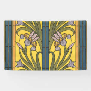 Iris Bloem Art Nouveau Glas in lood Blauw Goud Spandoek