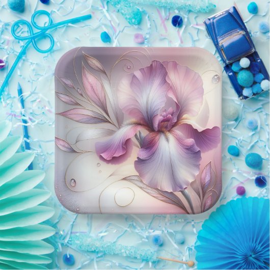 Iris bloem met gouden ets papieren bordje (Feest)