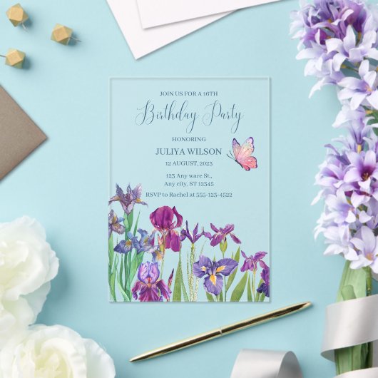 Iris bloemen 16e verjaardagsfeest acryl uitnodigingen (Insitu (Huwelijk))