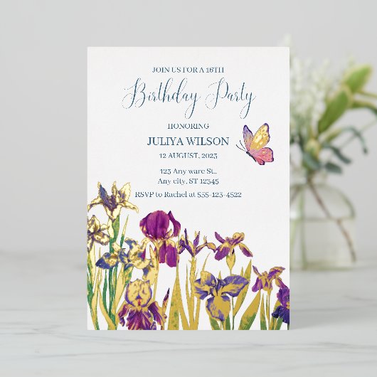 Iris bloemen 16e verjaardagsfeest folie uitnodiging (Staand Voorkant)