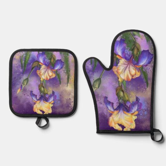 Iris Bloemen Oven Mitt & Pot Houder Set (Voorkant)