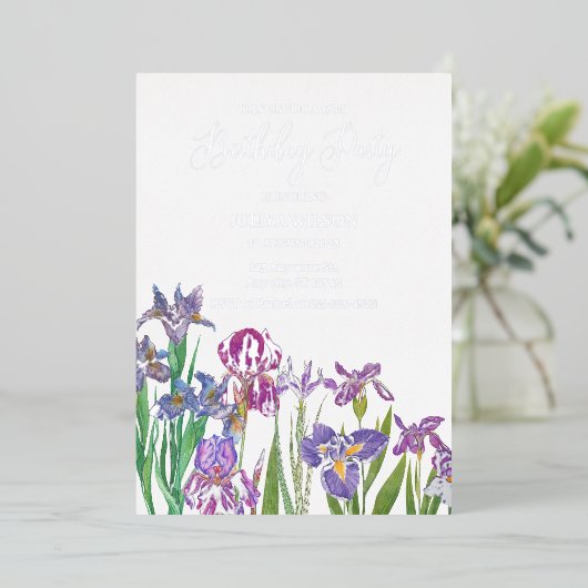 Iris bloemen verjaardagsfeestje folie uitnodiging (Staand Voorkant)