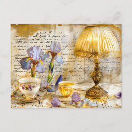Iris Blooms with Teacup and Vintage Lamp shabby  Briefkaart