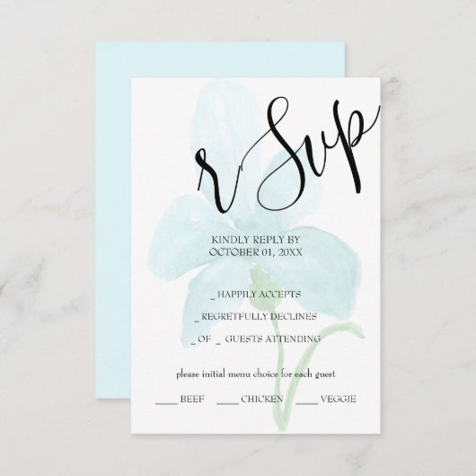 Iris Blue Floral Waterverf Handbeschilderd RSVP Kaartje (Voorkant / Achterkant)