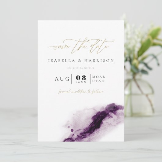 IRIS Boho Plum Paarse Gold Splash Bewaar de datum Kaart (Staand voorkant)