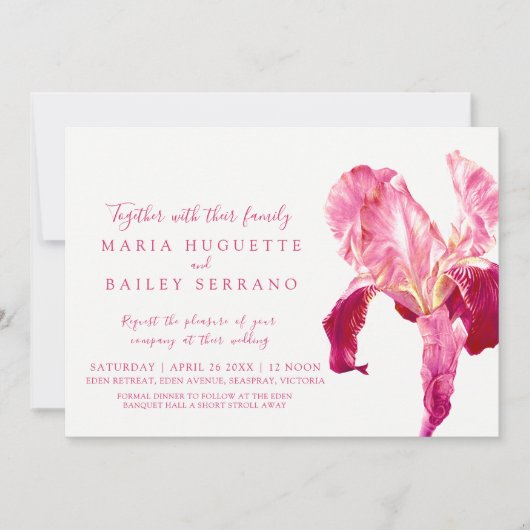 Iris botanische kunst rood roze bruiloft uitnodigi kaart (Voorkant)