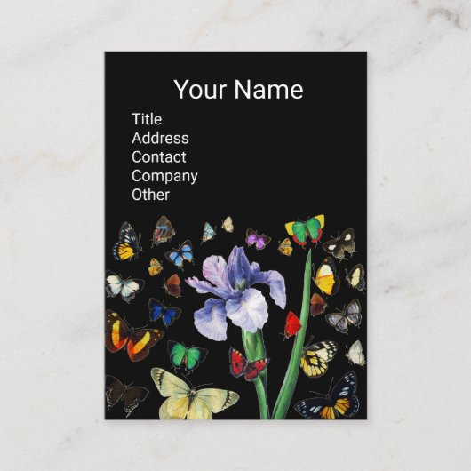 IRIS, COLORFUL BUTTERFLIES Black Floral Monogram Visitekaartje (Voorkant)