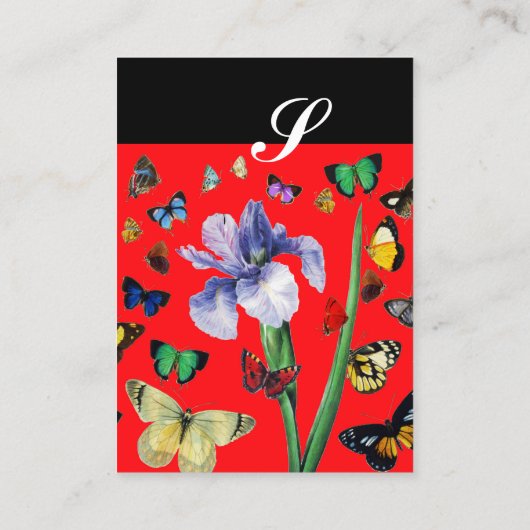 IRIS, COLORFUL BUTTERFLIES Red Black Monogram Visitekaartje (Achterkant)