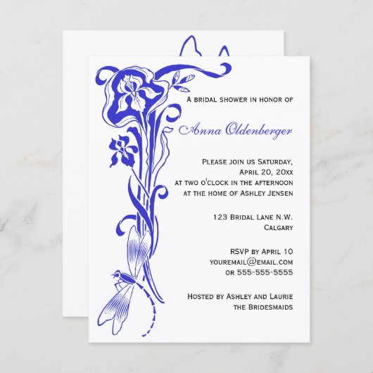 Iris & Dragonfly Royal Blue Vrijgezellenfeest Kaart (Voorkant / Achterkant)