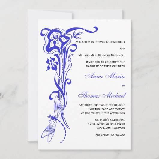 Iris & Dragonfly Royal Blue Wedding Invitation Kaart (Voorkant)