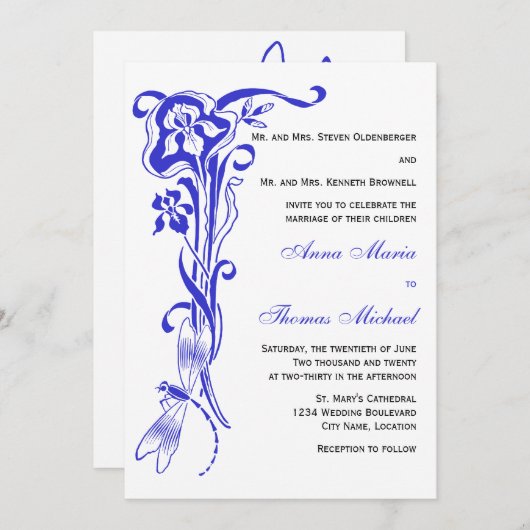 Iris & Dragonfly Royal Blue Wedding Invitation Kaart (Voorkant / Achterkant)