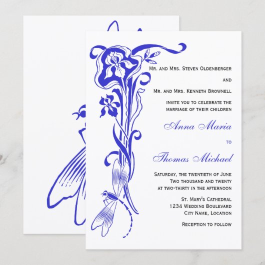 Iris & Dragonfly Royal Blue Wedding Invitation Kaart (Voorkant / Achterkant)