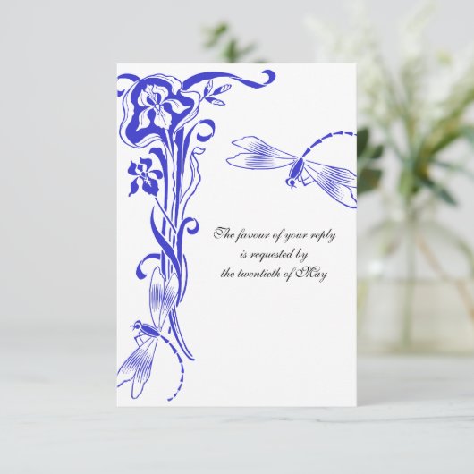 Iris & Dragonfly Royal Blue Wedding Reply RSVP Kaartje (Staand voorkant)