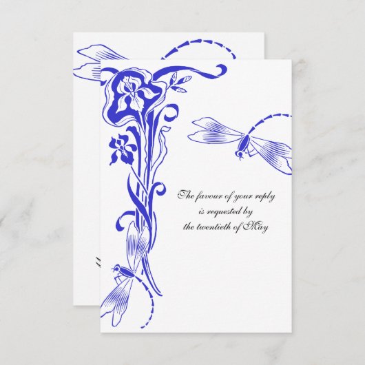 Iris & Dragonfly Royal Blue Wedding Reply RSVP Kaartje (Voorkant / Achterkant)
