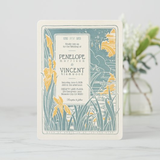 Iris en Lake Scenery Wedding Kaart (Staand voorkant)