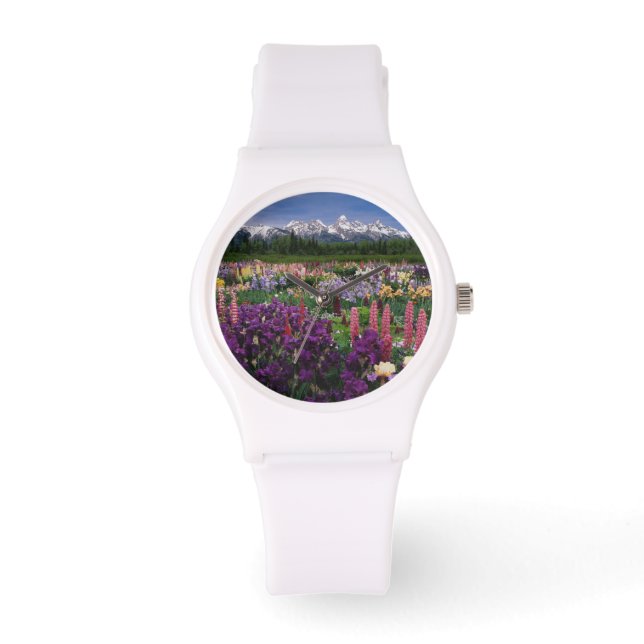 Iris en Lupine garden en Teton Range; Horloge (Voorkant)