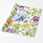 Iris en rozen waterverf bloemmotief cadeaupapier (Uitgerold)