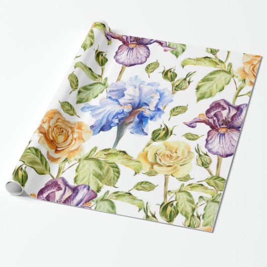 Iris en rozen waterverf bloemmotief cadeaupapier (Uitgerold)