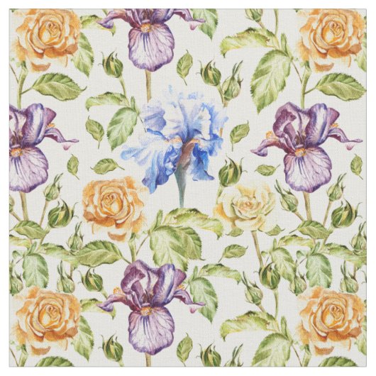 Iris en rozen waterverf bloemmotief stof (Close Up)