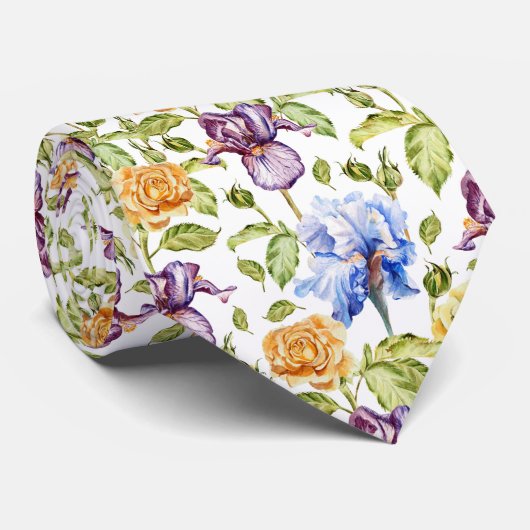Iris en rozen waterverf bloemmotief stropdas (Opgerold)