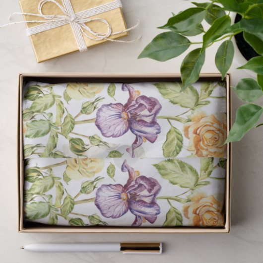 Iris en rozen waterverf bloemmotief tissuepapier (Geschenk)