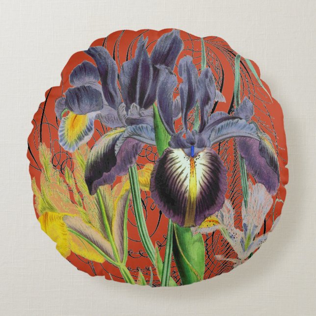 Iris Floral Fantasy Red 2.0 Rond Kussen (Voorkant)