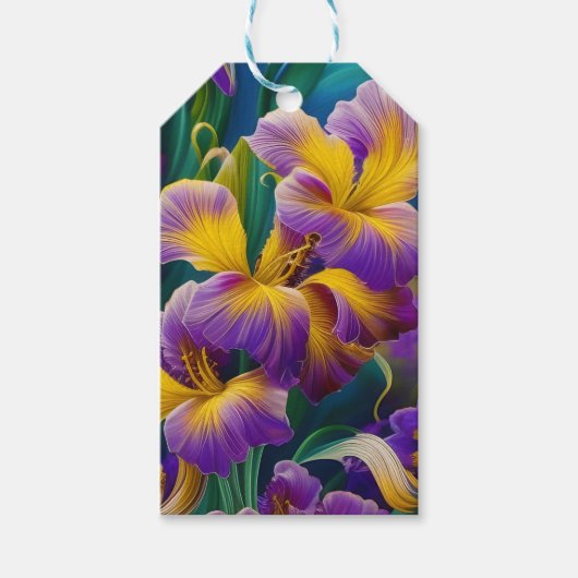 Iris Floral Paarse en goudblauwe bladeren Cadeaulabel (Voorkant)