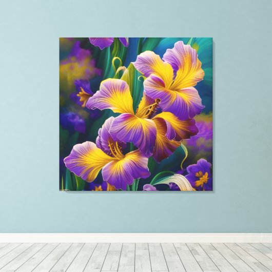 Iris Floral Paarse en goudblauwe bladeren Canvas Afdruk (Insitu (Houten vloer))