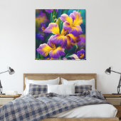 Iris Floral Paarse en goudblauwe bladeren Canvas Afdruk (Insitu (Slaapkamer))