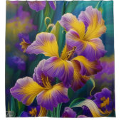 Iris Floral Paarse en goudblauwe bladeren Douchegordijn (Voorkant)