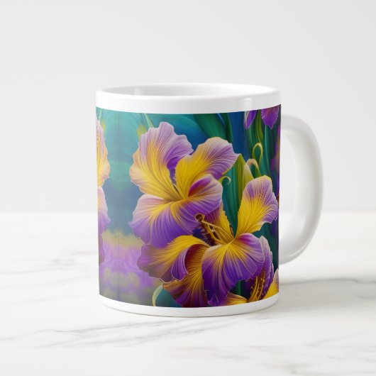 Iris Floral Paarse en goudblauwe bladeren Grote Koffiekop (Voorkant rechts)