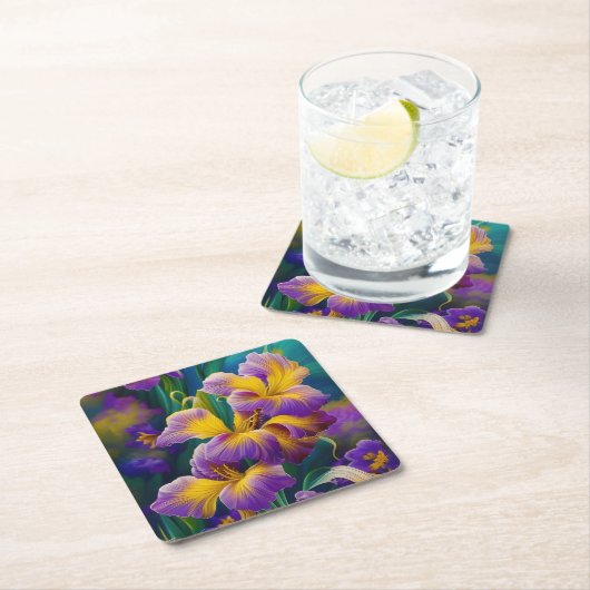 Iris Floral Paarse en goudblauwe bladeren Kartonnen Onderzetters (Insitu)