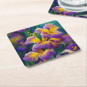 Iris Floral Paarse en goudblauwe bladeren Kartonnen Onderzetters (Schuin)