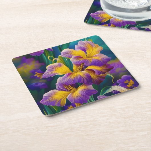Iris Floral Paarse en goudblauwe bladeren Kartonnen Onderzetters (Schuin)