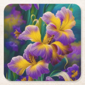 Iris Floral Paarse en goudblauwe bladeren Kartonnen Onderzetters (Voorkant)