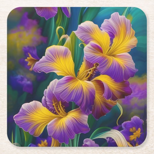 Iris Floral Paarse en goudblauwe bladeren Kartonnen Onderzetters (Voorkant)