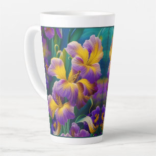Iris Floral Paarse en goudblauwe bladeren Latte Mok