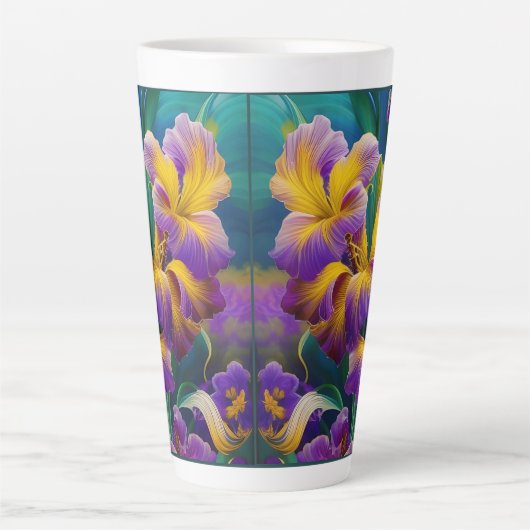 Iris Floral Paarse en goudblauwe bladeren Latte Mok (Voorkant)