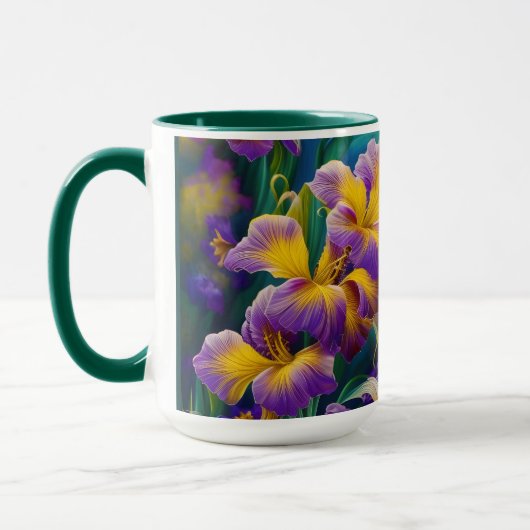 Iris Floral Paarse en goudblauwe bladeren Mok (Links)