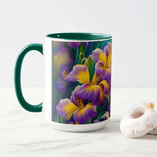 Iris Floral Paarse en goudblauwe bladeren Mok (Met donut)