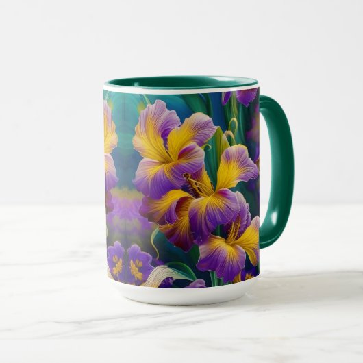 Iris Floral Paarse en goudblauwe bladeren Mok (Voorkant rechts)