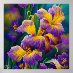 Iris Floral Paarse en goudblauwe bladeren Poster
