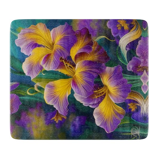 Iris Floral Paarse en goudblauwe bladeren Snijplank (Voorkant)