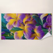 Iris Floral Paarse en goudblauwe bladeren Strandlaken (Voorkant)