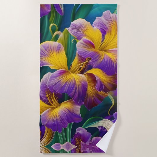 Iris Floral Paarse en goudblauwe bladeren Strandlaken (Voorkant)
