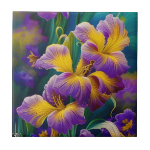 Iris Floral Paarse en goudblauwe bladeren Tegeltje